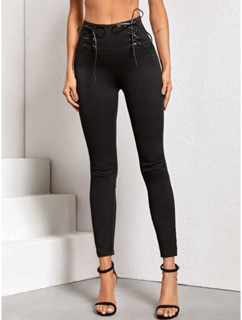 High Rise Lace Up Skinny Jeans