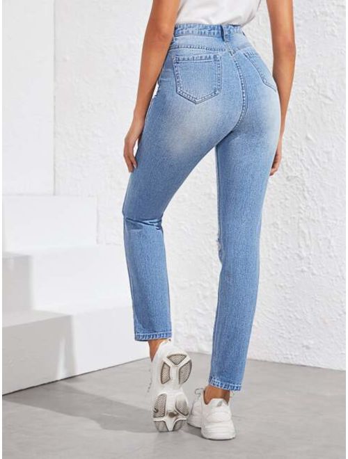 Shein Slogan Graphic Raw Hem Ripped Jeans