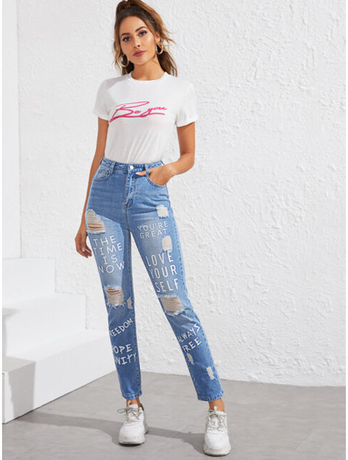 Shein Slogan Graphic Raw Hem Ripped Jeans