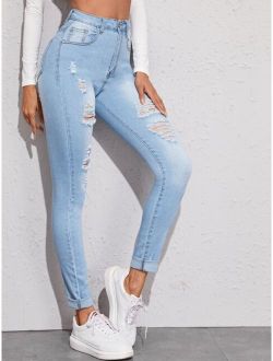 Ripped Washed Button Fly Jeans