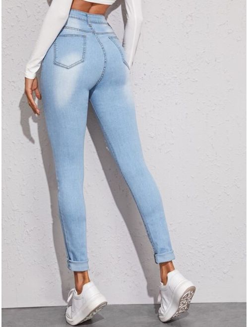 Shein Ripped Washed Button Fly Jeans