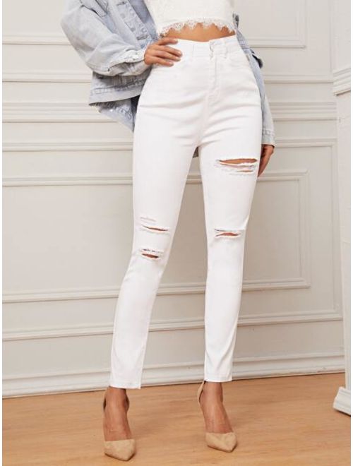 Solid Ripped Detail Skinny Jeans