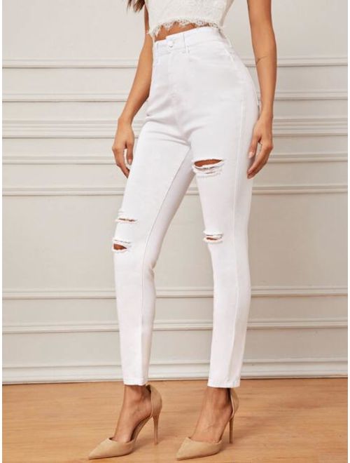 Solid Ripped Detail Skinny Jeans