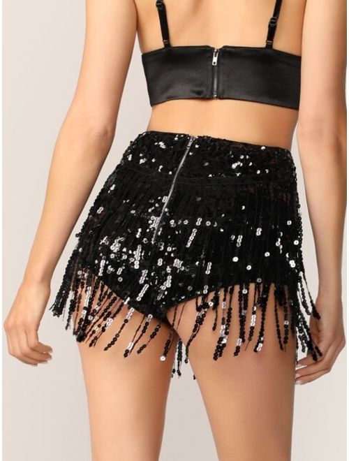 Shein Exposed Zip Back Fringe Sequin Shorts