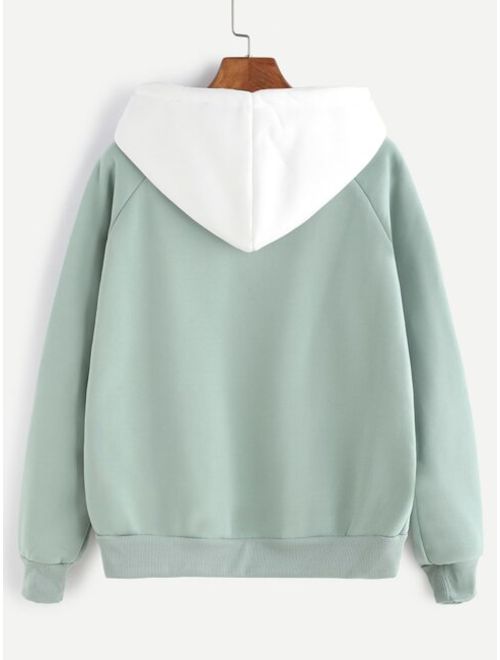 Pale Green Raglan Sleeve Pocket Sweatshirt With Contrast Hood