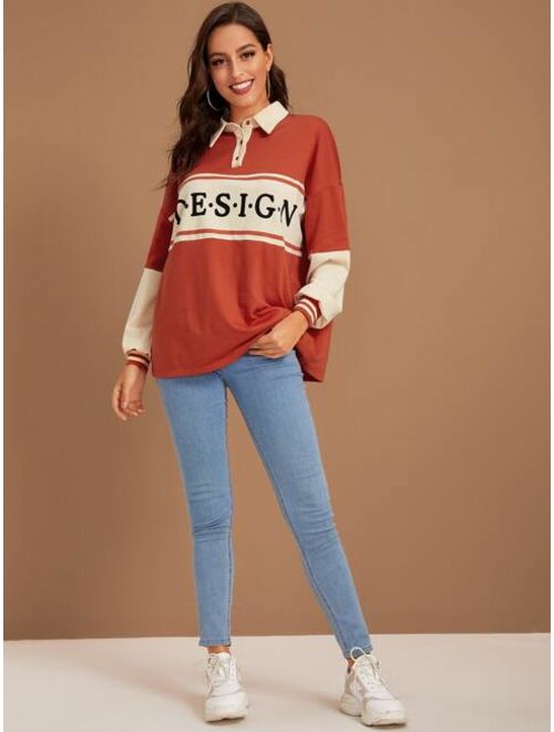 Shein Buttoned Half Placket Letter Graphic Two Tone Pullover