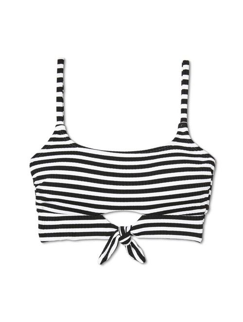 Women's Texture Front Tie Bralette Bikini Top - Xhilaration Black/White Stripe