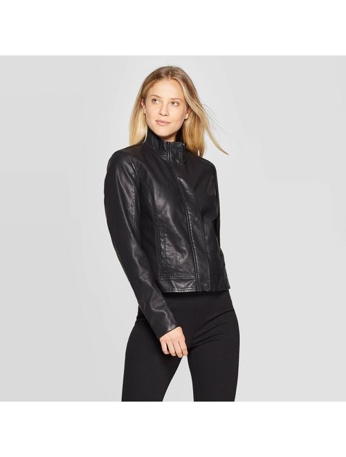Women's Faux Fur Long Sleeve Leather Jacket - A New Day Black