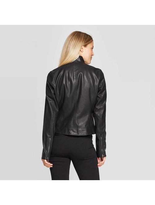 Women's Faux Fur Long Sleeve Leather Jacket - A New Day Black