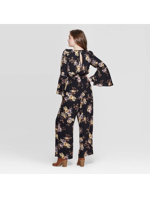 Women's Floral Print Long Bell Sleeve V-Neck Ruffle Jumpsuit - Xhilaration Black