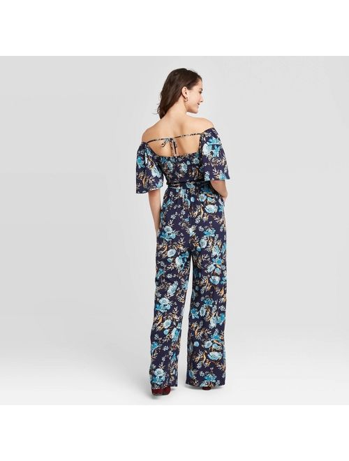Women's Floral Print Short Sleeve Square Neck Smocked Top Jumpsuit - Xhilaration Navy