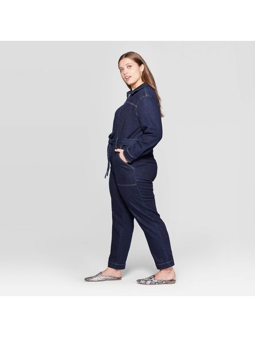 Women's Plus Size Long Sleeve Collared Tie-Front Jumpsuit - Universal Thread Indigo