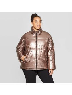 Women's Plus Size Metallic Puffer Jacket - Ava & Viv™ Rose