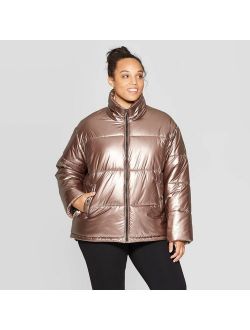 Women's Plus Size Metallic Puffer Jacket - Ava & Viv Rose