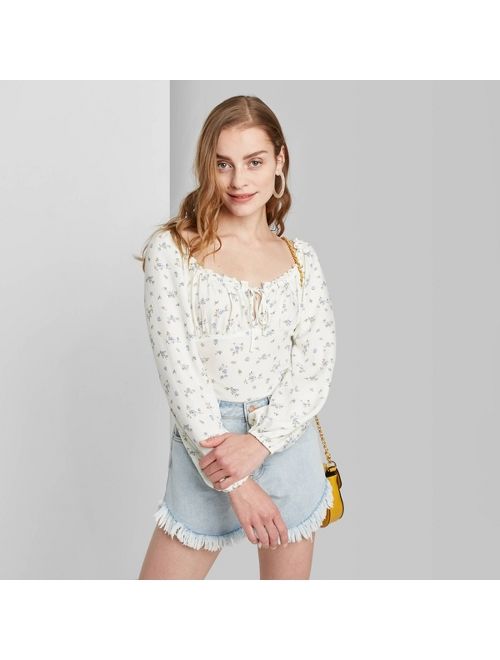 Women's Floral Print Long Sleeve Square Neck Woven Top - Wild Fable Ivory