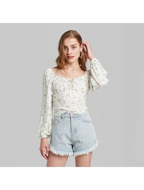 Women's Floral Print Long Sleeve Square Neck Woven Top - Wild Fable Ivory
