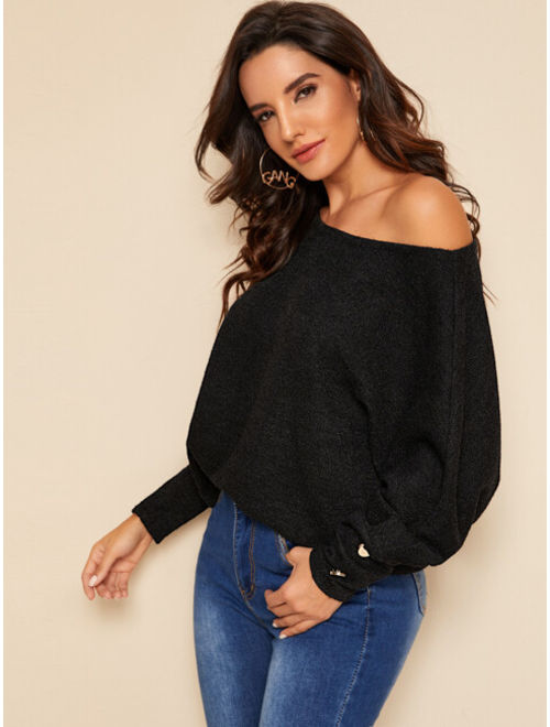Shein Buttoned Cuff Batwing Sleeve Pullover