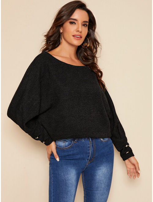 Shein Buttoned Cuff Batwing Sleeve Pullover