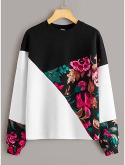 Floral Print Colorblock Pullover