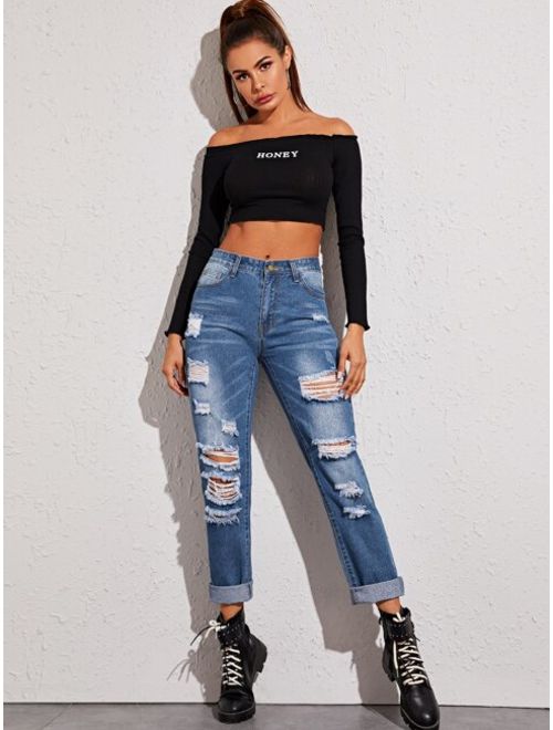 Shein Ripped Cat Whiskers Boyfriend Jeans