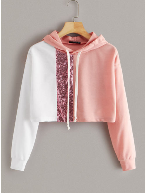 Shein Color block Sequin Insert Drawstring Crop Sweatshirt