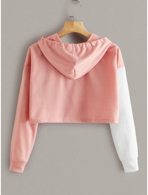 Shein Color block Sequin Insert Drawstring Crop Sweatshirt