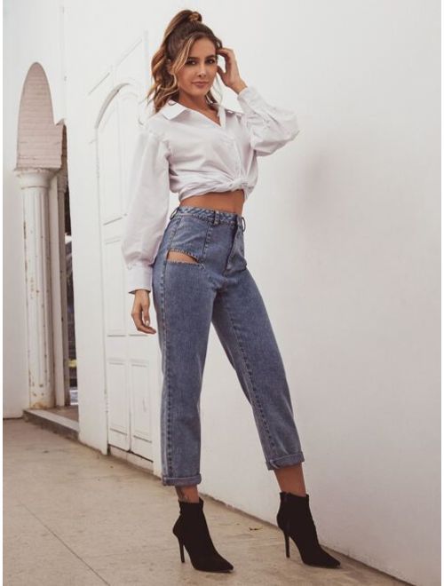 Cut Out Side Button Fly Jeans