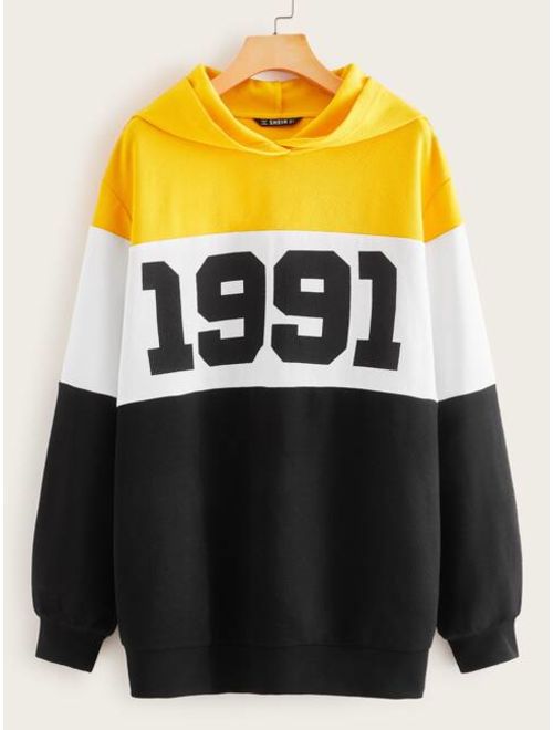 Shein Number & Color-block Hooded Pullover