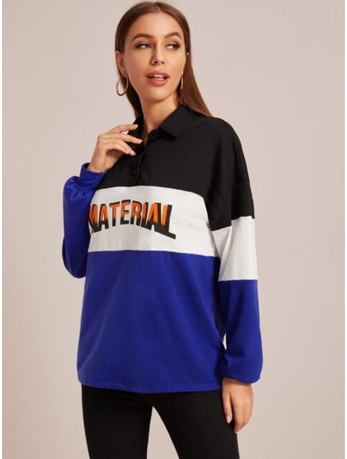 Shein Letter Graphic Colorblock Half Placket Pullover