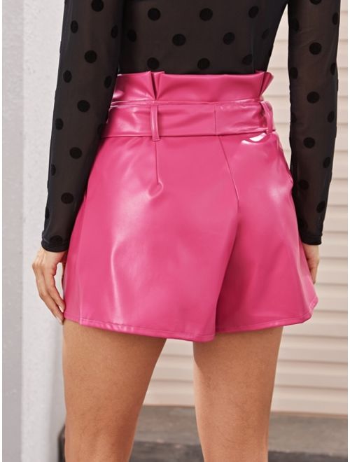 Shein Paperbag Waist Belted Pocket PU Leather Shorts