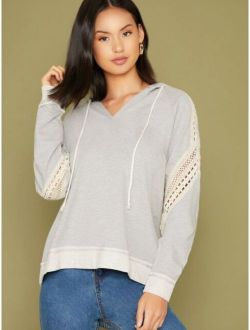 Crochet Lace Trim Pullover Hooded Sweatshirt