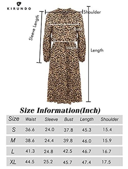KIRUNDO 2019 Women's Midi Leopard Dress Stylish Long Sleeves High Waist Dress Button Front Drawstring Wait Belt A-Lined Dress