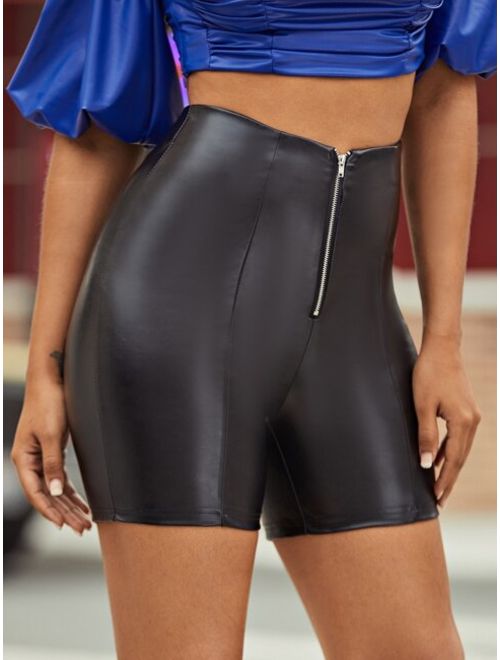Shein Exposed Zip Fly Paneled Faux Leather Shorts