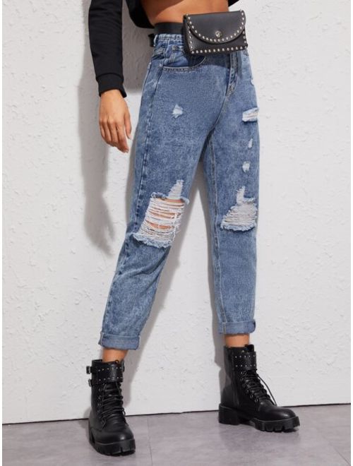 Bleach Wash Ripped Mom Jeans Without Bag