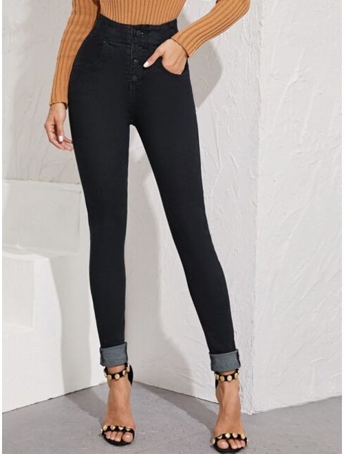 Rolled Hem Button Up Skinny Jeans