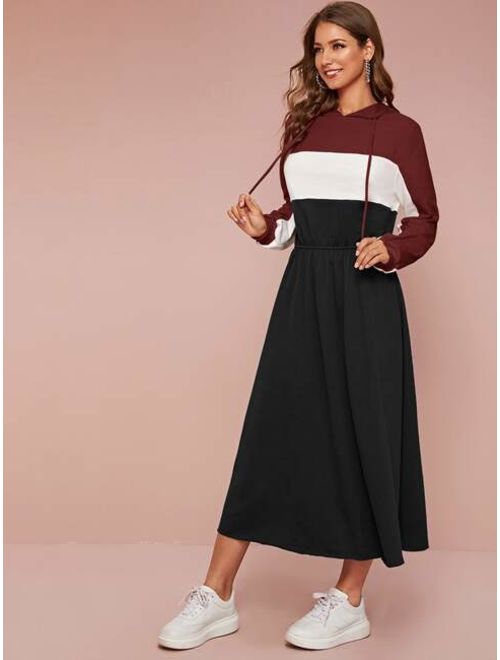Shein Cut-and-sew Elastic Waist Drawstring Hooded Sweatshirt Dress