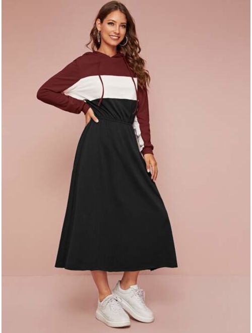 Shein Cut-and-sew Elastic Waist Drawstring Hooded Sweatshirt Dress