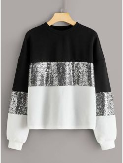 Contrast Sequin Cut-and-sew Pullover