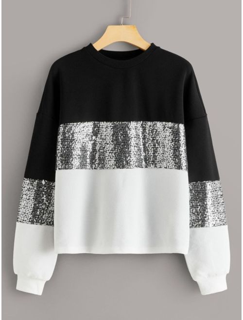 Shein Contrast Sequin Cut-and-sew Pullover