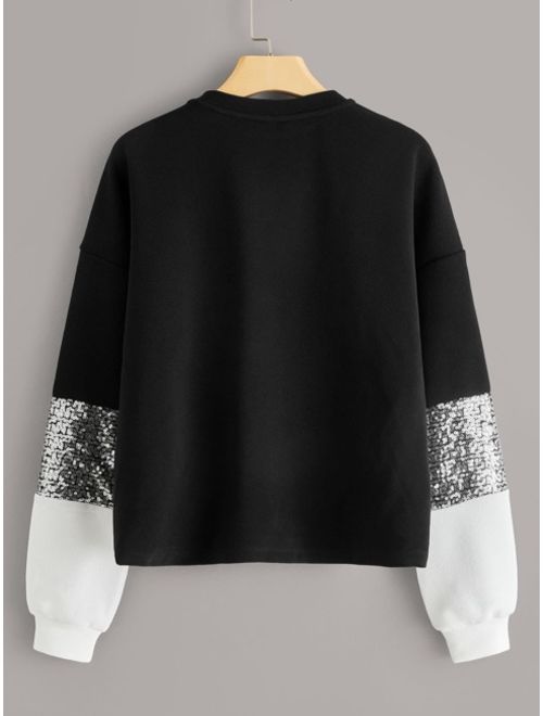 Shein Contrast Sequin Cut-and-sew Pullover