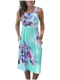 OURS Womens Summer Sleeveless Floral Print Racerback Midi Dresses with Pocket