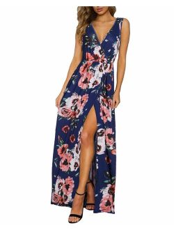 KILIG Women's Sexy Deep V-Neck Sleeveless Floral Print Split Long Maxi Casual Wrap Dress with Pockets