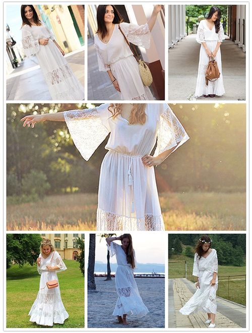 Milumia Women's Bohemian Drawstring Waist Lace Splicing White Long Maxi Dress