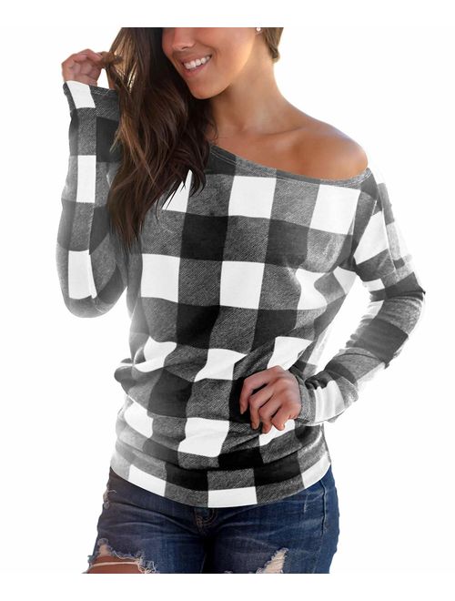 Cosonsen Women's Off Shoulder Top Long Sleeve Plaid Tee Shirt Blouse