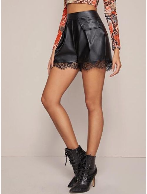 Shein Wide Waistband Lace Hem Faux Leather Shorts