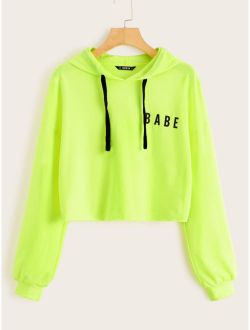 Neon Lime Letter Graphic Drawstring Hoodie