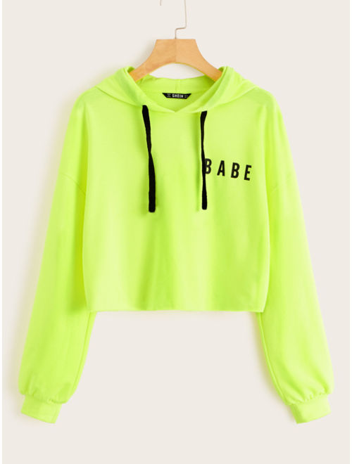 Shein Neon Lime Letter Graphic Drawstring Hoodie