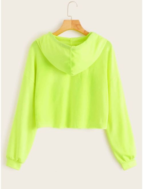 Shein Neon Lime Letter Graphic Drawstring Hoodie