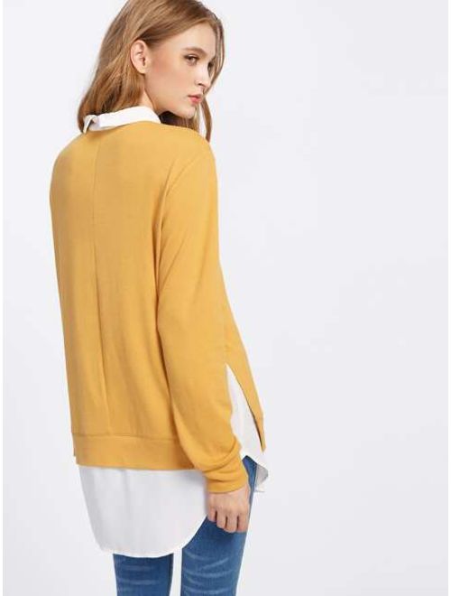 Shein Contrast Collar Curved Hem 2 In 1 Pullover
