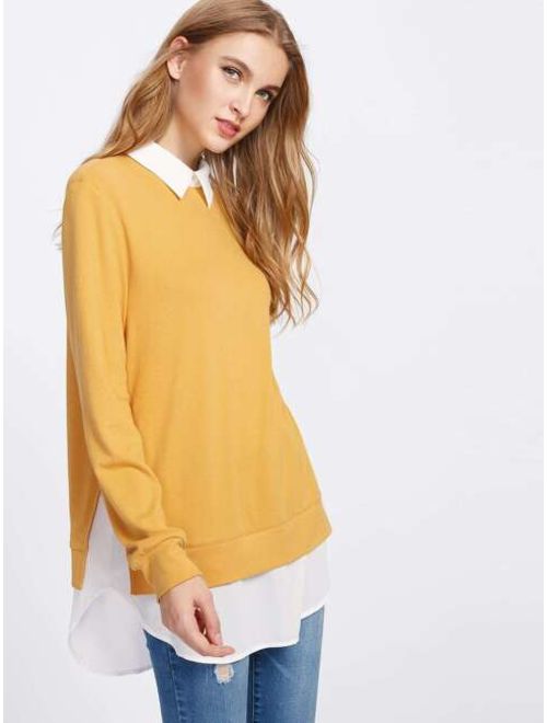 Shein Contrast Collar Curved Hem 2 In 1 Pullover